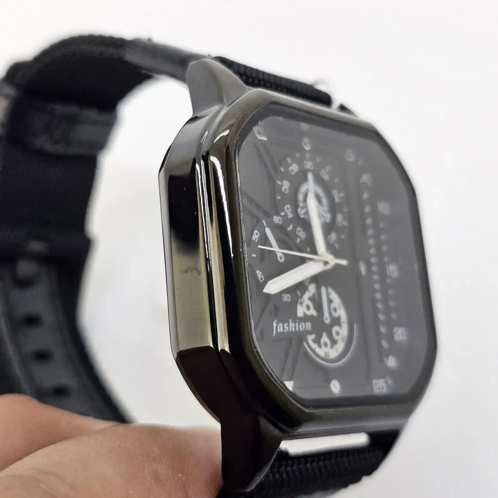 Men's 42MM Minimalist Watch Black‎ Case Black Dial Date Black Canvas Band Straps